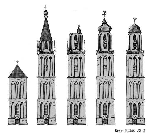Bouwfases van de toren (tekening Bert Dijkink)