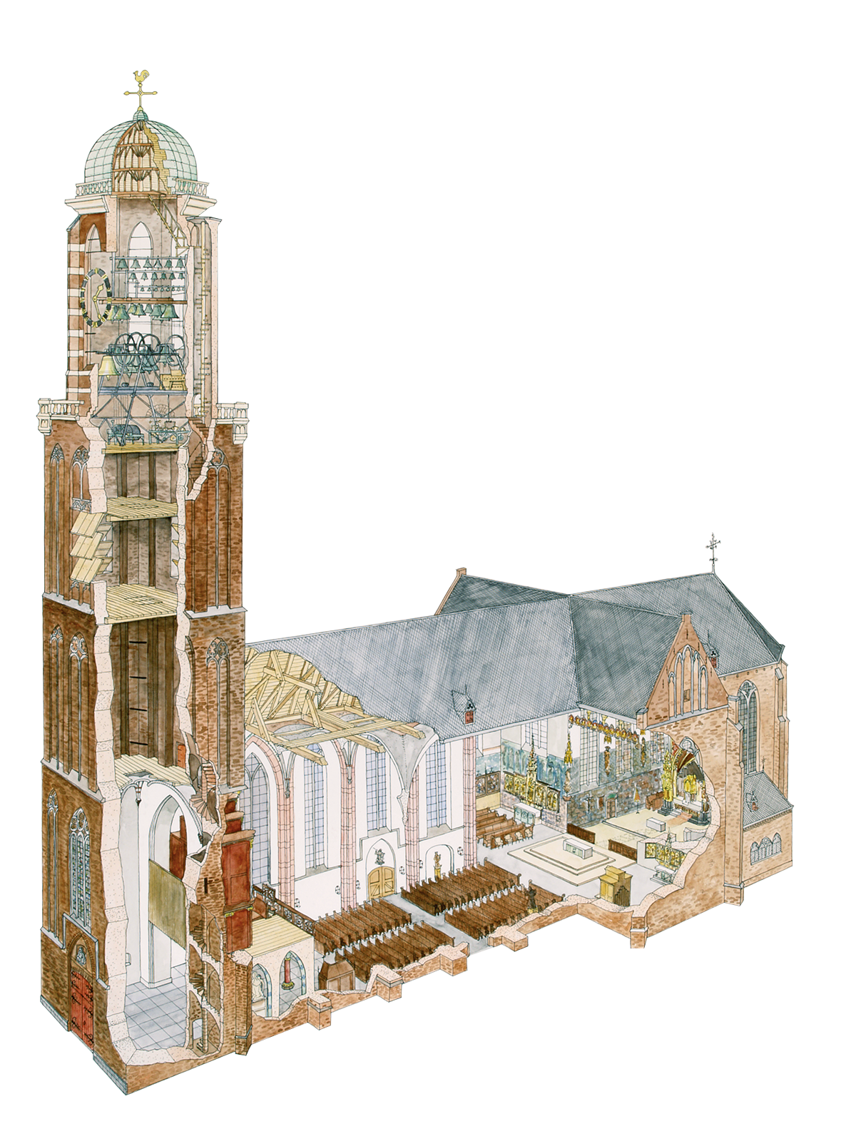 Doorsnede toren en kerk (Tekening Bert Dijkink Zwolle)