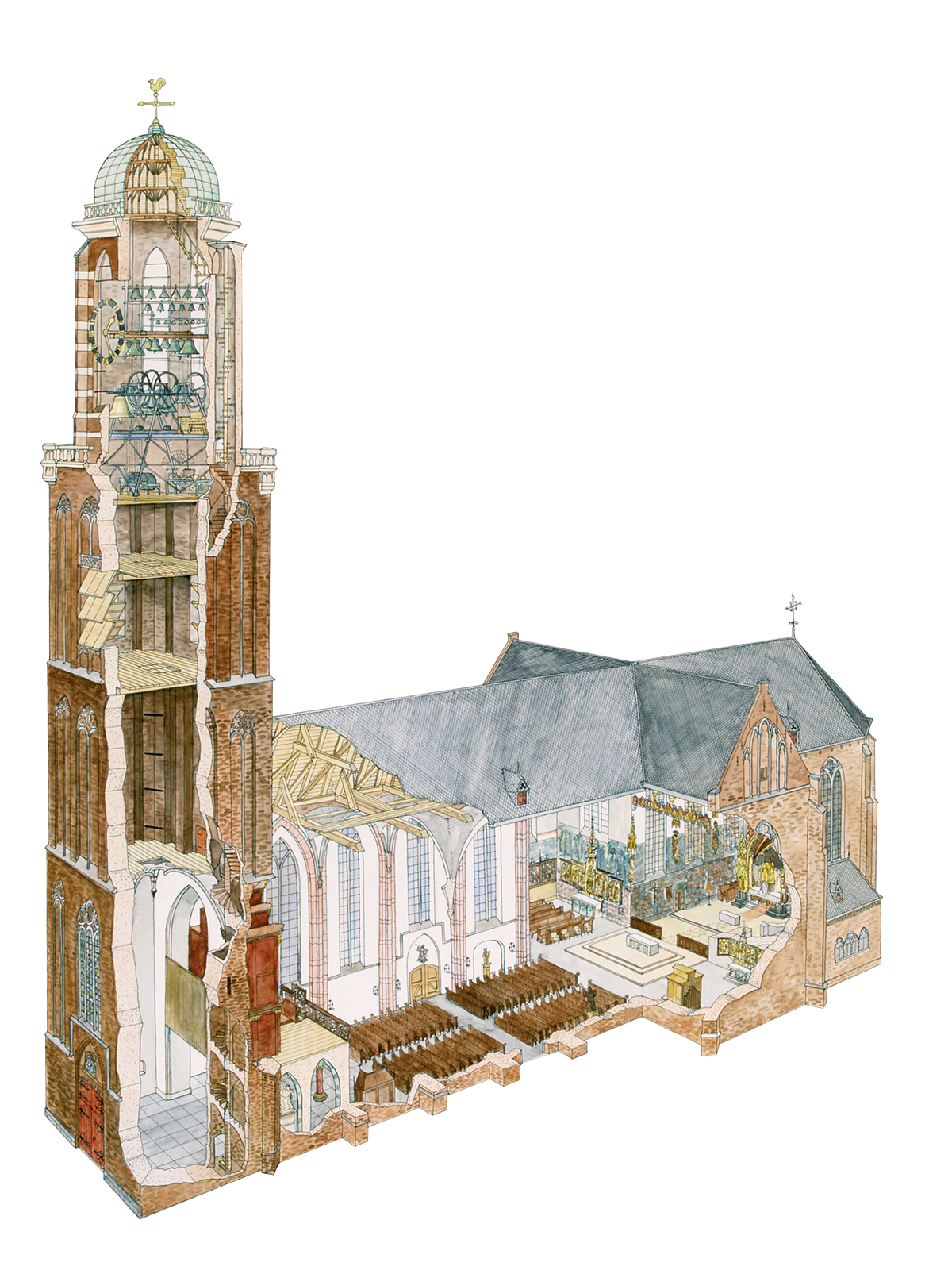 Doorsnede toren en kerk (Tekening Bert Dijkink Zwolle) Doorsnede toren en kerk (©:Tekening Bert Dijkink Zwolle)